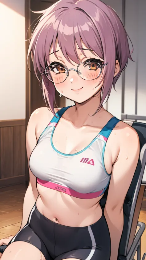 looking at viewer, 1girl, female, solo, blush, sweating, smile, ny1, glasses, ,sports bra,bike shorts