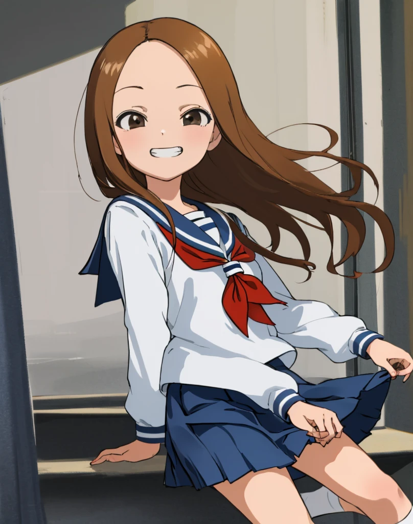 aatakagi, long hair, sailor collar, red neckerchief, sailor shirt, white shirt, long sleeves, miniskirt, blue skirt,socks,grin