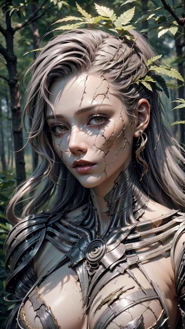 (grey skin:1.2, official art, beautiful and aesthetic:1.2),1 girl, solo, body fragment sculpture:1.2, stone skin, moss and leaves, sculpture, girl statue, forest background,(crack:1.3)