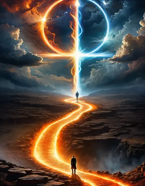 Create an image that portrays a man standing at a crossroads, with one path leading to radiant heavenly light and the other desc...