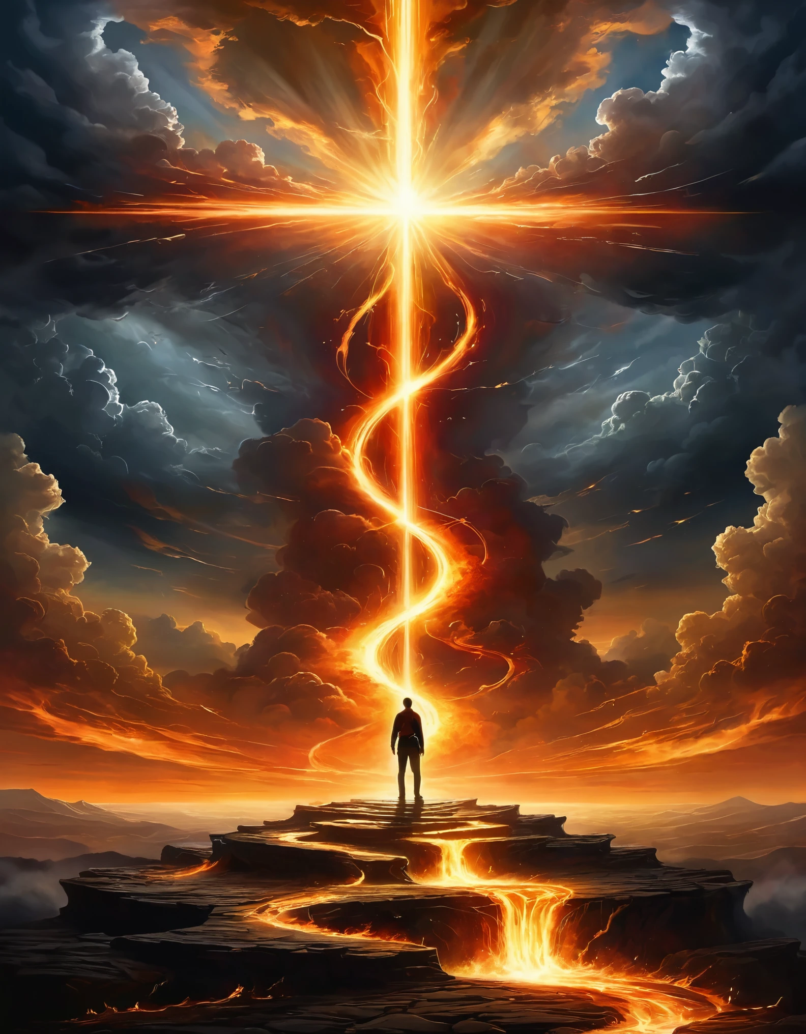 Create an image that portrays a man standing at a crossroads, with one path leading to radiant heavenly light and the other descending into a dark and fiery abyss, symbolizing his internal struggle between good and evil.