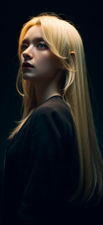 one-girl, grrmany, blond long hair,deep dark background，Cinematic lighting，