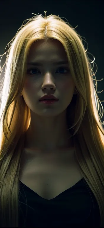 one-girl, grrmany, blond long hair,deep dark background，Cinematic lighting，