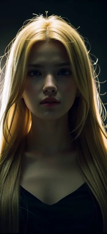 one-girl, grrmany, blond long hair,deep dark background，cinematic lighting，