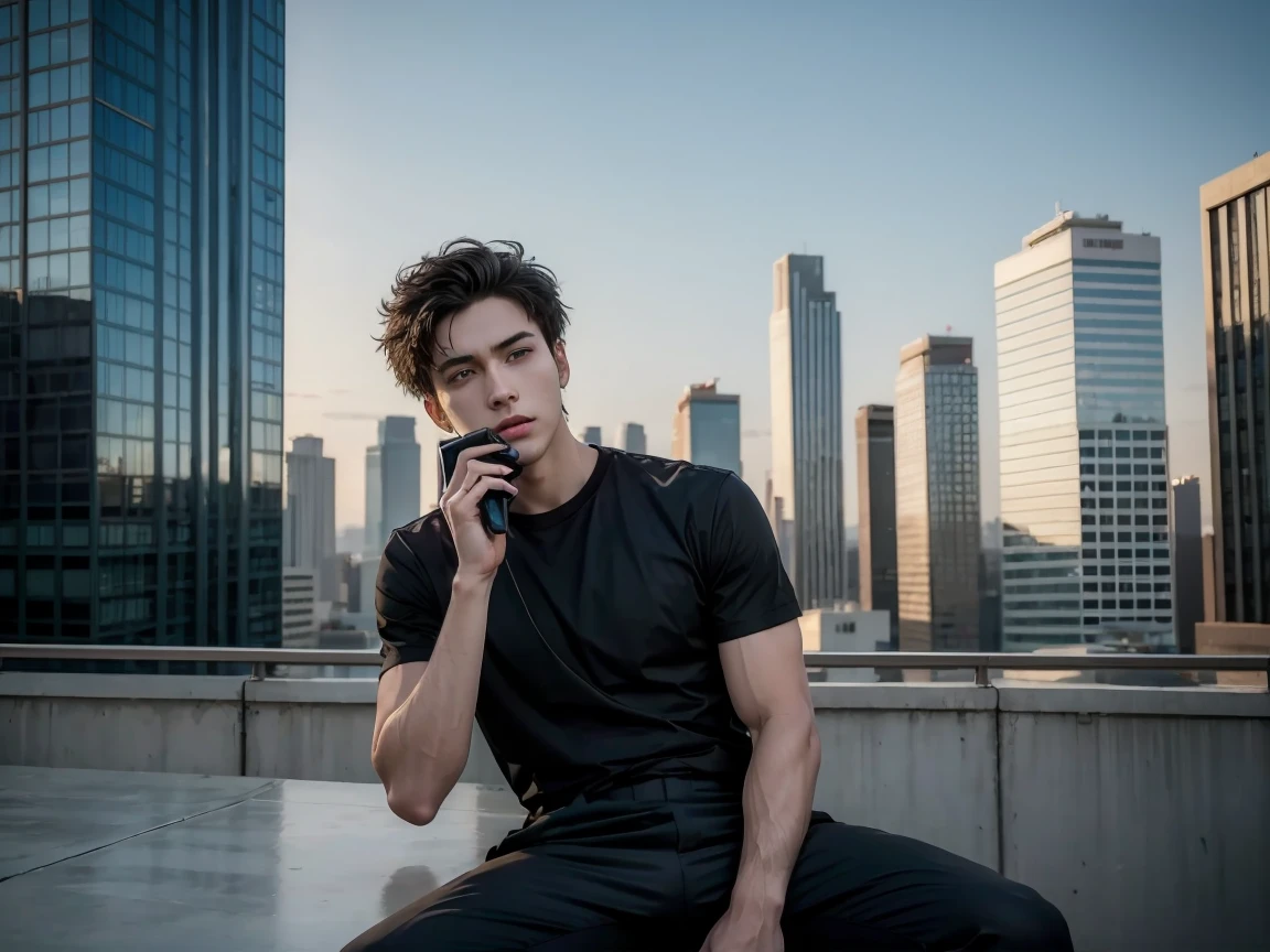 ((masterpiece)), (realistically), boy, 25-30 years, athletic, hair short, in a black T-shirt, light trousers, full height, against the backdrop of city buildings, talking on the phone