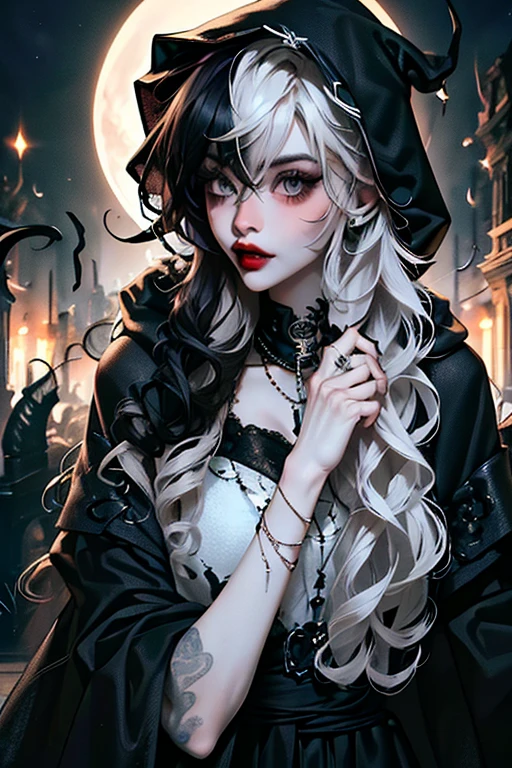 (masterpiece, best quality:1.2), [graveyar:girl:0.9], 1girl, solo, beautiful, gothic, witch, gloomy, Asian woman, mature, black clothing, hooded black robe, modest clothing, hood up, goddess of death, blank expression, split dye hair, multicolored hair, black and white hair, black dye on right side, white hair on left side, messy hair, bangs, black eyebrows, thick eyebrows, long eyelashes, grey eyes, dark circles under eyes, plump lips, red lipstick, red lips, no skin showing, skinny, pale skin, thin, sickly looking, looking at viewer, holding scythe, in graveyard, Wylona Hayashi, all black clothing, black hood, full body shot, cemetery background, standing, standing in a cemetery, holding scythe, windy, wind blowing, black long sleeves