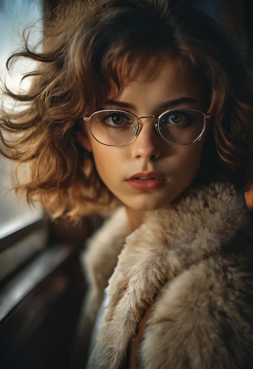 photo portrait of a young brown-eyed Russian girl wearing glasses with lenses, corneal reflections, Detailed leather texture, fuzz on the skin, Fluffy hair, chestnut wavy bob, peering into the horizon, in room, a dark room, depth of field, backlight