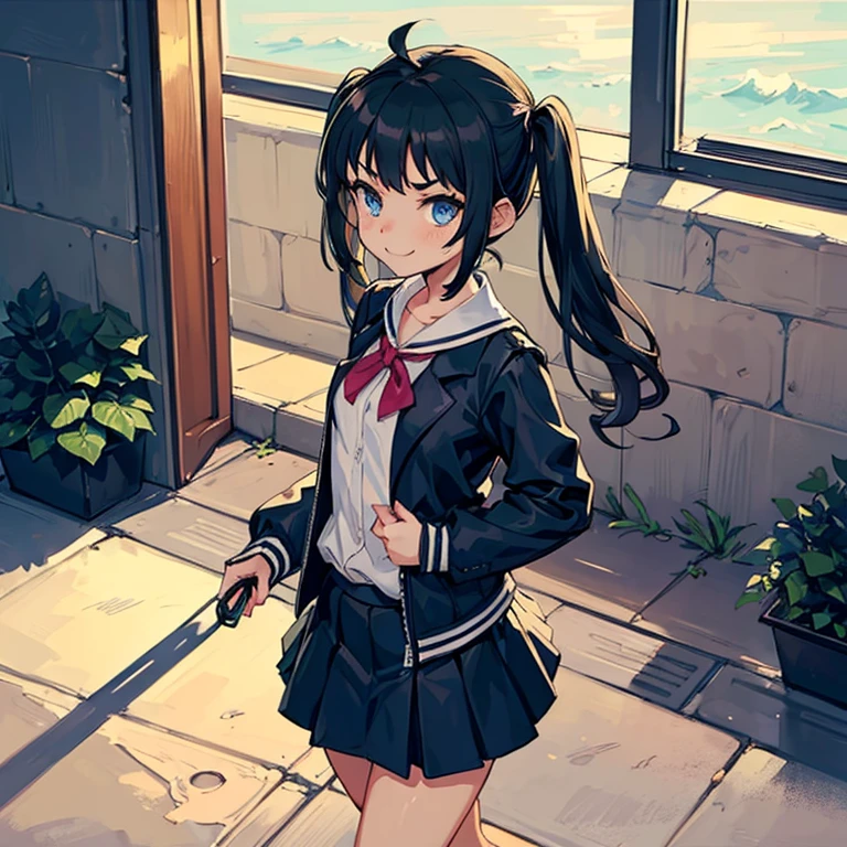 Young girl with black hair, long twintail,  twintail hairstyle, (blue eyes),, ((small bushy eyebrows)), wearing gothic lolita clothing, lolicon , walking to school, flirty smile, , lifting her skirt to show her vagina wet with semen