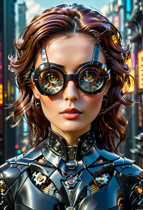 arafed a picture of a human female spy, wearing dark suit, wearing ((mecha glasses: 1.5))exquisite beautiful female, dynamic eye...