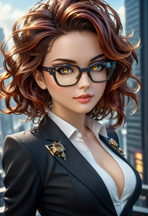 Arafed a picture of a human female spy, wearing dark suit, wearing ((mecha glasses: 1.5))exquisite beautiful female, dynamic eye...