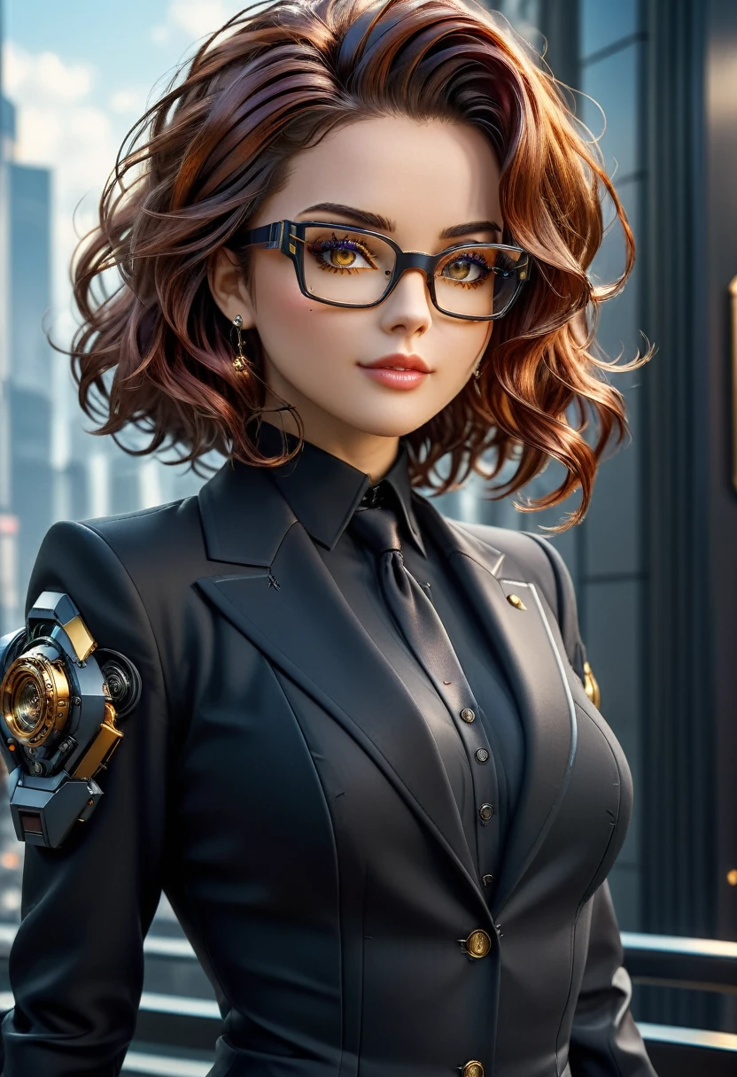 人間の女性スパイの写真をアラフェット, 着用 dark suit, 着用 ((メカメガネ: 1.5))絶妙な美しい女性, ダイナミックな目の色, ダイナミックヘアカラー, ダイナミックなヘアスタイル, 眼鏡には複雑な機械部品が組み込まれている, 上流社会の祝賀イベントの背景, (傑作: 1.5),  活気のある, 超高解像度, ハイコントラスト, 傑作:1.2, 最高品質, 最高の美学), 最高の詳細, 最高品質, 高解像度, 超広角, 16k, [超詳細], 傑作, 最高品質, (非常に詳細な), 機械生物