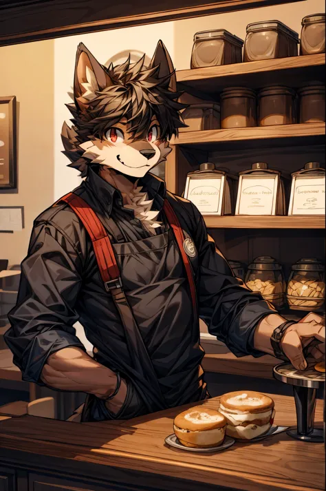 masterpiece,high quality,furry,male,(shepherd),red eye,cafe,(cafe clerk),perfect background,smile,one person