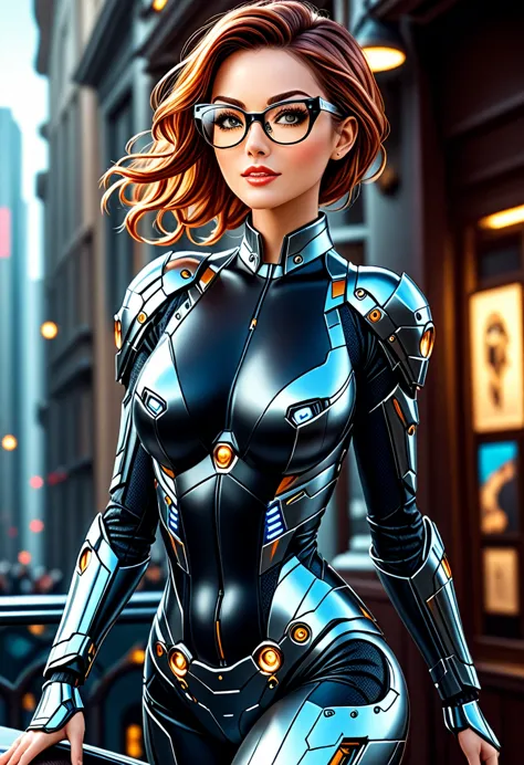 Arafed a picture of a human female spy, wearing dark suit, wearing ((mecha glasses: 1.5))exquisite beautiful female, dynamic eye...