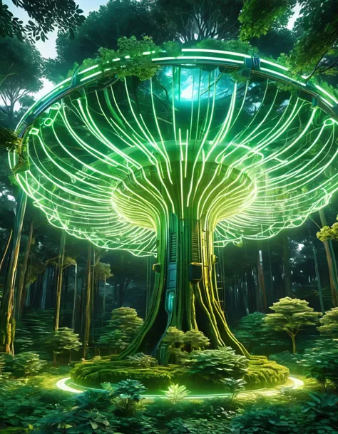 Generate an AI masterpiece inspired by the fusion of nature and technology. Depict a colossal tree-like structure integrated wit...