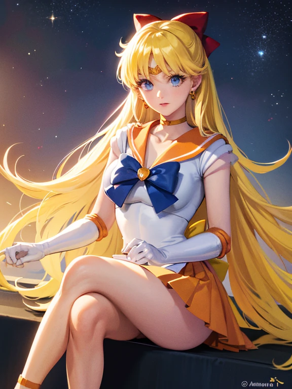 masterpiece, best quality, highres, venus1, 1girl, solo, sailor senshi uniform, sailor venus, aino minako, blonde hair, magical girl, blue eyes, orange skirt, elbow gloves, tiara, pleated skirt, hair bow, orange sailor collar, miniskirt, choker, red bow, orange choker, white gloves, very long hair,  jewelry,  earrings, sitting, crossed legs,