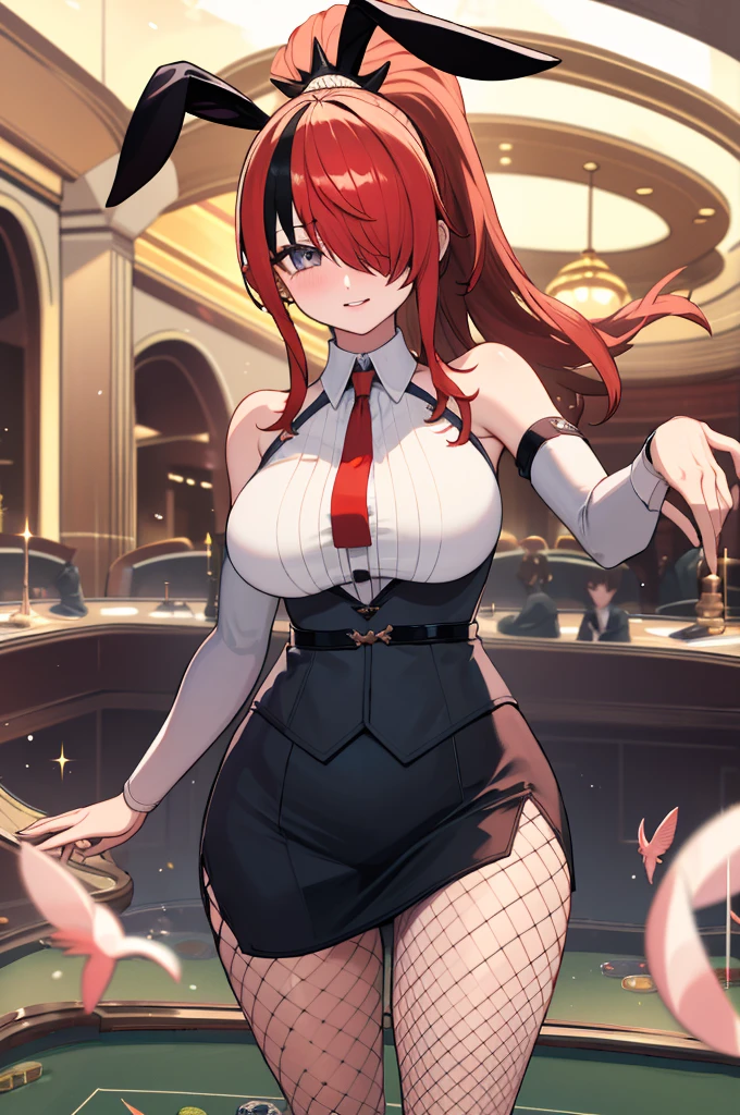 masterpiece, best quality, highres, hmlain, long hair, ponytail, streaked hair, hair over one eye, rabbit ears,  large breasts, bare shoulders, white shirt, collared shirt, red necktie, detached sleeves, black skirt, miniskirt, fishnet pantyhose, standing, cowboy shot, casino,