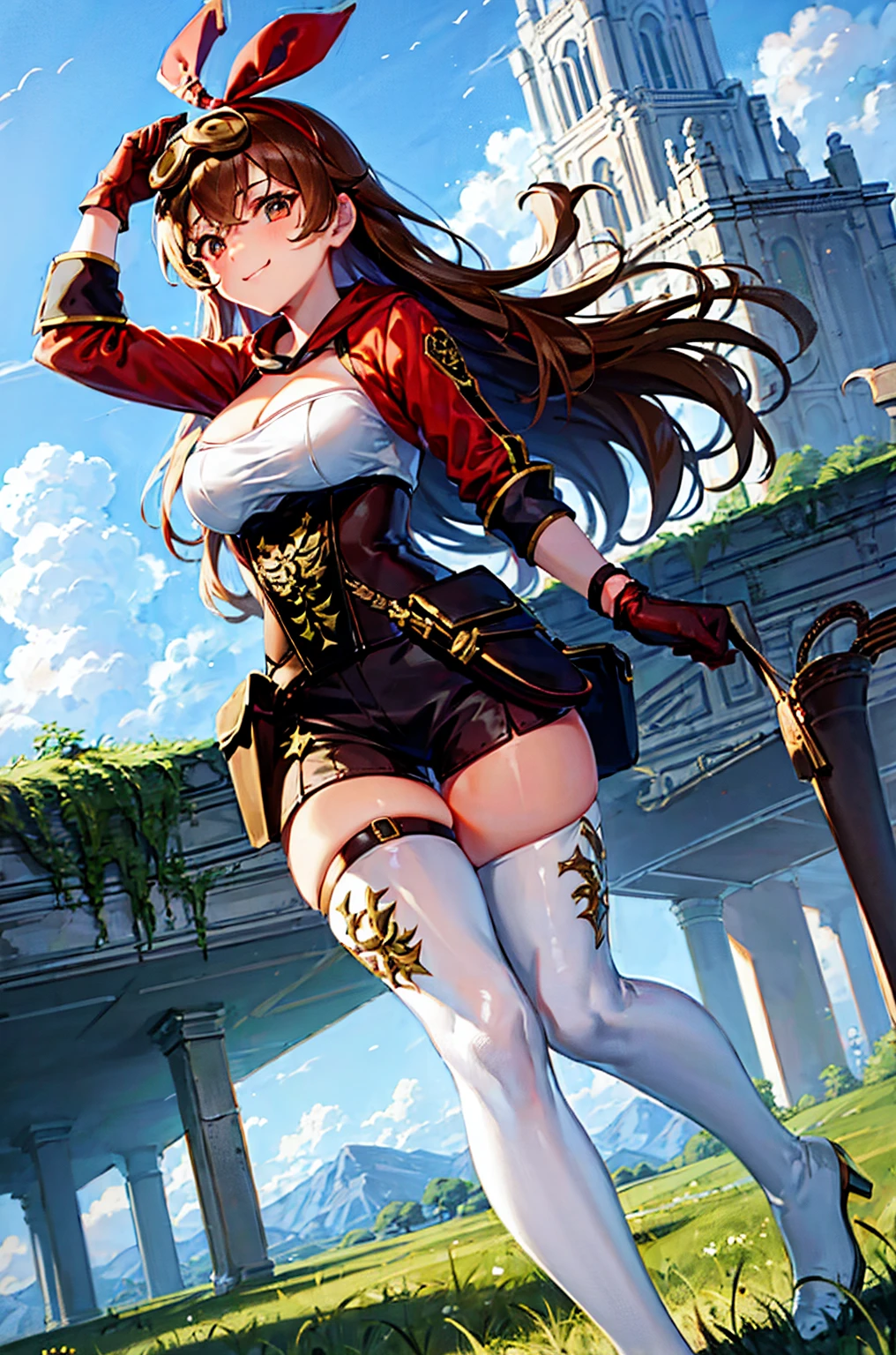 masterpiece, best quality, soft lighting, absurdres, looking at viewer, solo, smile, goggles on head,
amber \(genshin impact\),  brown eyes, brown hair, long hair, red hair ribbon, brown short shorts, leather gloves, pouch, thighhighs, white boots, medium breasts, cleavage cutout, shrug \(clothing\)
full body, standing on one leg, overgrown ruins, mountains