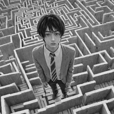 student lost in a maze, (anime), bizarre scenario, This is Junji, Yusuke Murata, black and white, 8K, anime, horror