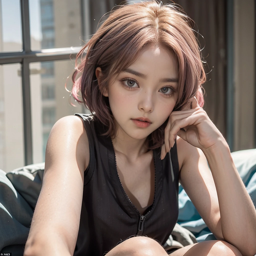 20yo woman， （masterpiece： 1.4）， （8K， reality， original photo， best quality： 1.4）， Japan， （1 girl）， beautiful face， （Real faces： 1.4）， （pink hair， short hair： 1.3）， hairstyle， Realistic blue eyes， beautiful details eyes， （reality skin： 1.3）， beautiful skin， Attractive， ultra high resolution， Super realistic， HD， golden ratio， （Detailed face： 1.4）， （Japanese actor： estuary）， Sheer vest，Pink short hair，WhiteTransparent，White，NSFW，big，big ass emphasized，The nipple areola is clearly shaped，looking into camera，pubic shape is transparent and clear，posture（Bend your knees and legs open）