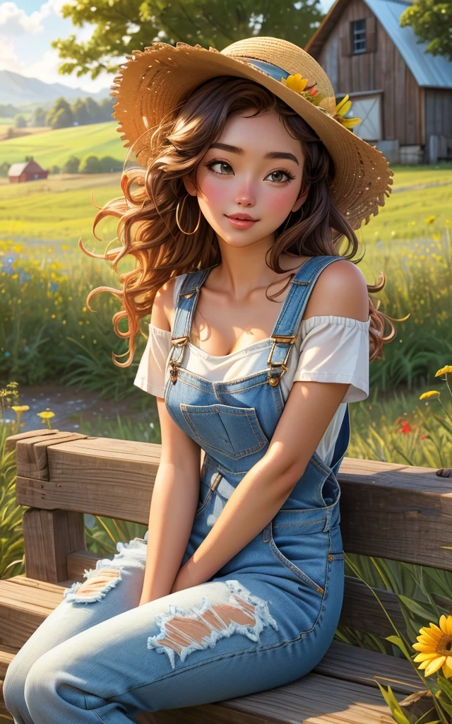 (quaint countryside setting, summer day), young adult woman, rustic casual summer fashion, (sitting on a wooden fence), thoughtful and serene pose, shoulder-length curly hair, light, sun-kissed makeup, (denim overalls over a simple white t-shirt), comfortable boots, (holding a straw hat), (background: rolling hills, a distant barn, wildflowers), soft sunlight, (sense of relaxation and connection with the rural landscape)