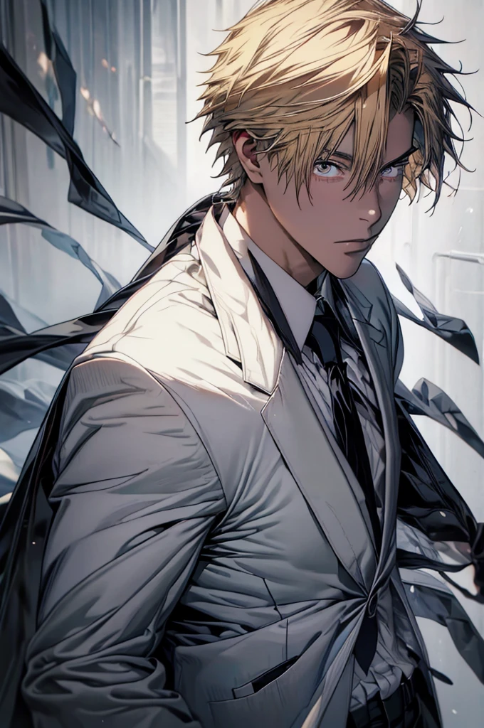 White collared shirt, Black tie, Black pants, Formal, masutepiece, Best Quality, High quality, 1boy, Solo, Male Focus, Looking at Viewer, Upper body, Denji, a blond
