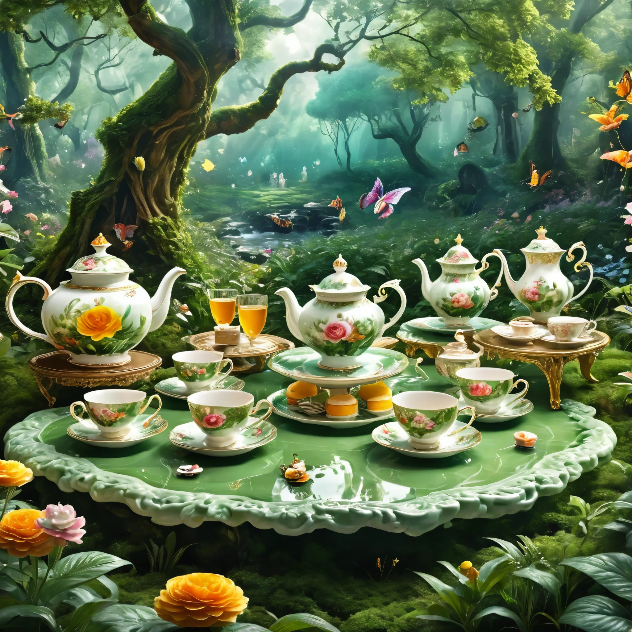 Produce a hyper-realistic AI artwork capturing a timeless moment of a surreal tea party in a dense forest. Showcase intricate details of the characters, their expressions, and the whimsical, oversized tea set.