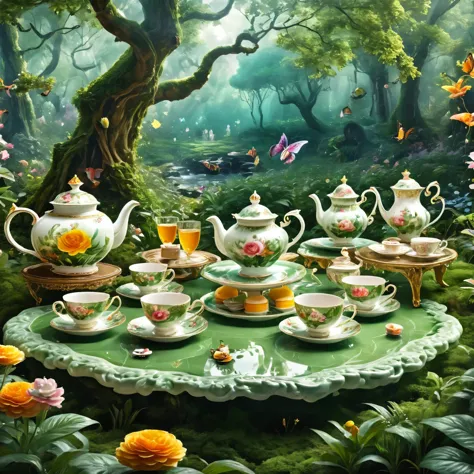 produce a hyper-realistic ai artwork capturing a timeless moment of a surreal tea party in a dense forest. showcase intricate de...