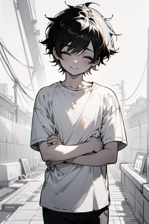 boy,black short hair,sketch style,anime style,lineart,monochrome,black and white,light smile,blank eyes,empty eyes,T-shirt,melan...