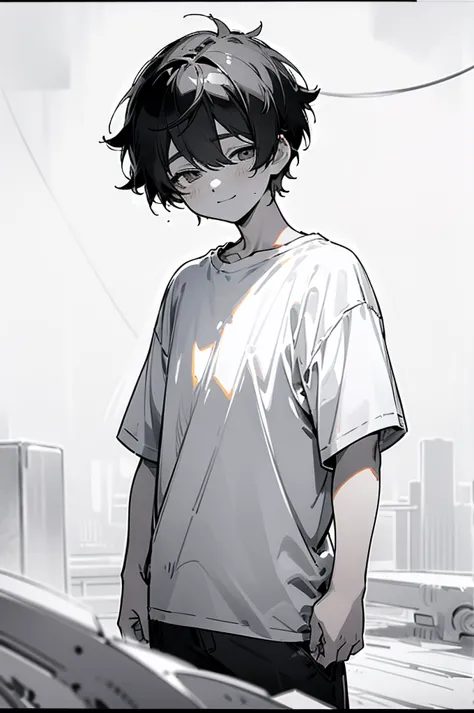 boy,black short hair,sketch style,anime style,lineart,monochrome,black and white,light smile,blank eyes,empty eyes,T-shirt