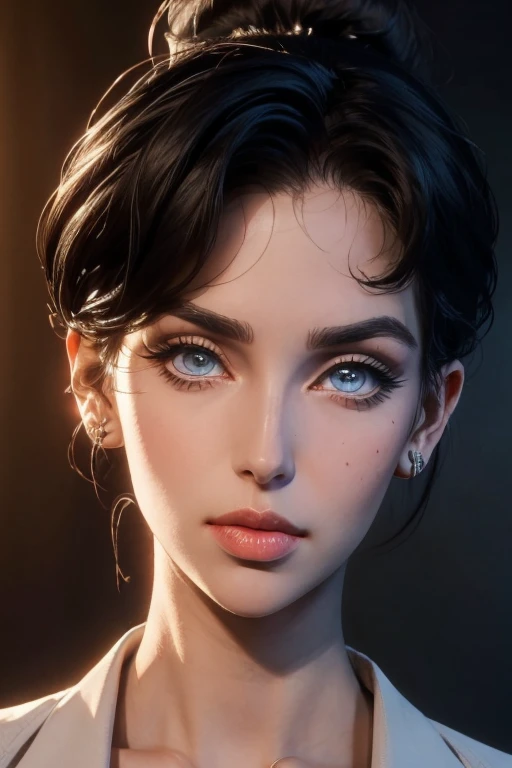 ((( portrait))) of beautiful brunette (female) in her 30s ,mature look, (small mouth) but (thick kissable lips), shy gaze, ((((tiny snob nose)))) ,( prefect shaped eyes),((blue eyes)) ,long eyelashes, eyeliner ,((( thick eyebrows))) , charming, cute , ((( sleek slicked back hair bun ))), ( black hair), fair skin, modern look, stylish , classy, wearing Unbuttoned classic shirt, clivage , ((Castlevania style)), (90s retro style), 3d style