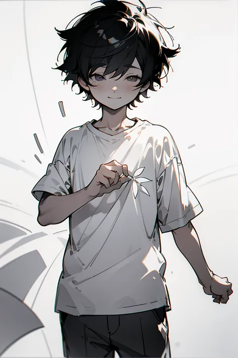 small boy,black short hair,sketch style,anime style,lineart,monochrome,black and white,light smile,blank eyes,empty eyes,T-shirt