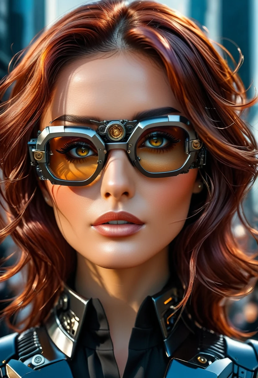 Arafed a picture of a human female spy, wearing dark suit, wearing ((mecha glasses: 1.5))exquisite beautiful female, dynamic eye color, dynamic hair color, dynamic hair style, glasses has intricate mechanical part in it, high society gala event background, (Masterpiece: 1.5),  Vibrant, Ultra-high resolution, High Contrast, masterpiece:1.2, highest quality, Best aesthetics), best details, best quality, highres, ultra wide angle, 16k, [ultra detailed], masterpiece, best quality, (extremely detailed), Mechanical Creatures