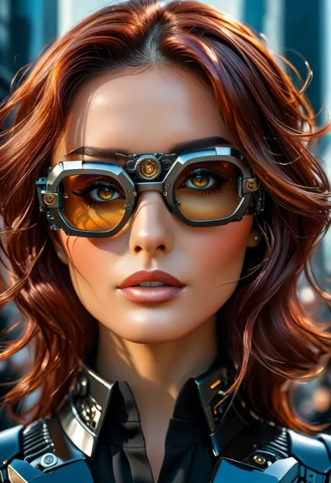 Arafed a picture of a human female spy, wearing dark suit, wearing ((mecha glasses: 1.5))exquisite beautiful female, dynamic eye...