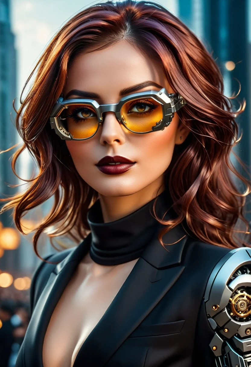 Arafed a picture of a human female spy, wearing dark suit, wearing ((mecha glasses: 1.5))exquisite beautiful female, dynamic eye color, dynamic hair color, dynamic hair style, glasses has intricate mechanical part in it, high society gala event background, (Masterpiece: 1.5),  Vibrant, Ultra-high resolution, High Contrast, masterpiece:1.2, highest quality, Best aesthetics), best details, best quality, highres, ultra wide angle, 16k, [ultra detailed], masterpiece, best quality, (extremely detailed), Mechanical Creatures