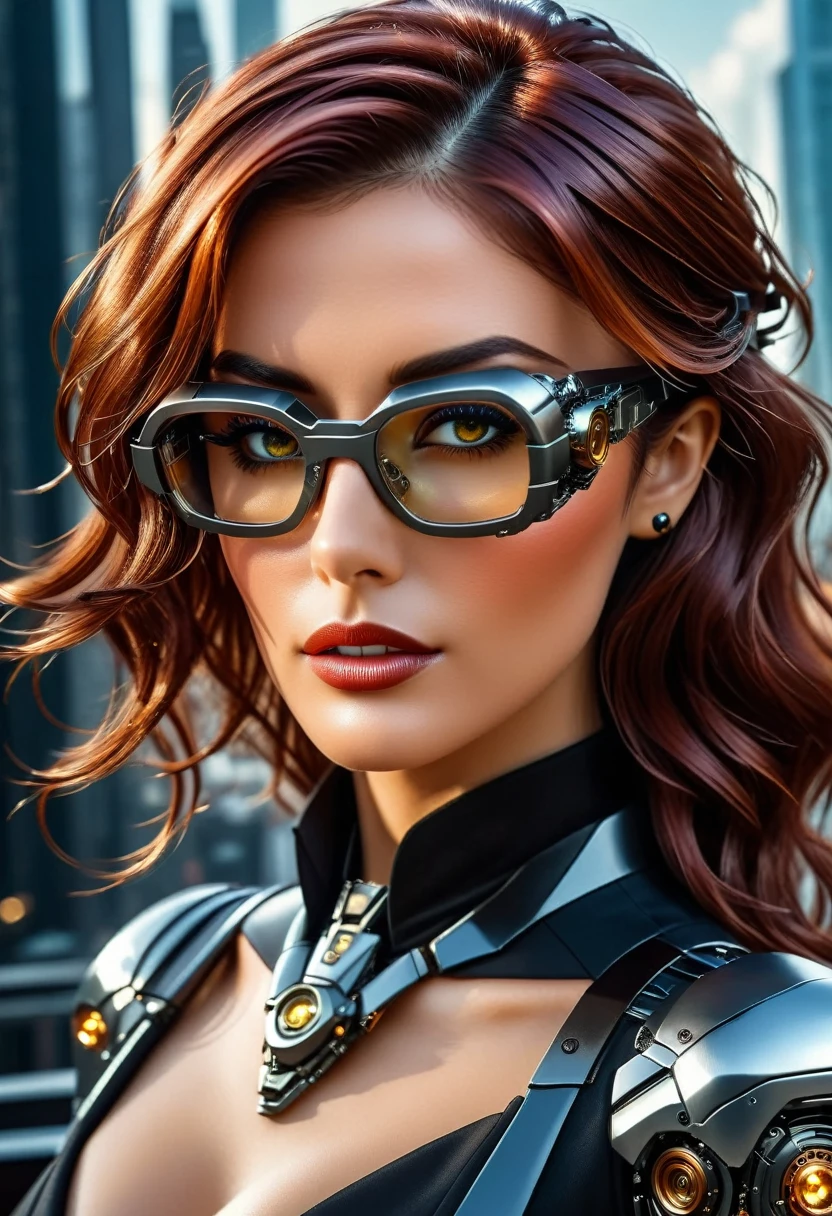 Arafed a picture of a human female spy, wearing dark suit, wearing ((mecha glasses: 1.5))exquisite beautiful female, dynamic eye color, dynamic hair color, dynamic hair style, glasses has intricate mechanical part in it, high society gala event background, (Masterpiece: 1.5),  Vibrant, Ultra-high resolution, High Contrast, masterpiece:1.2, highest quality, Best aesthetics), best details, best quality, highres, ultra wide angle, 16k, [ultra detailed], masterpiece, best quality, (extremely detailed), Mechanical Creatures