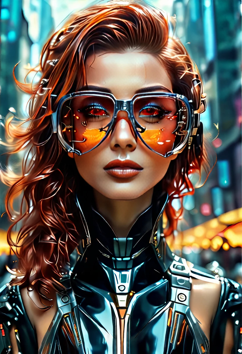 Arafed a picture of a human female spy, wearing dark suit, wearing ((mecha glasses: 1.5))exquisite beautiful female, dynamic eye color, dynamic hair color, dynamic hair style, glasses has intricate mechanical part in it, high society gala event background, (Masterpiece: 1.5),  Vibrant, Ultra-high resolution, High Contrast, masterpiece:1.2, highest quality, Best aesthetics), best details, best quality, highres, ultra wide angle, 16k, [ultra detailed], masterpiece, best quality, (extremely detailed), Mechanical Creatures