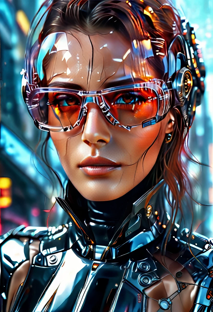 Arafed a picture of a human female spy, wearing dark suit, wearing ((mecha glasses: 1.5))exquisite beautiful female, dynamic eye color, dynamic hair color, dynamic hair style, glasses has intricate mechanical part in it, high society gala event background, (Masterpiece: 1.5),  Vibrant, Ultra-high resolution, High Contrast, masterpiece:1.2, highest quality, Best aesthetics), best details, best quality, highres, ultra wide angle, 16k, [ultra detailed], masterpiece, best quality, (extremely detailed), Mechanical Creatures