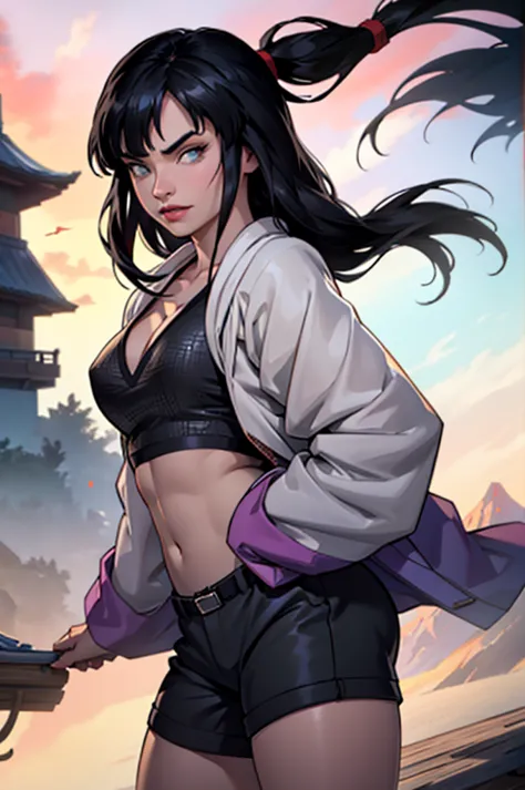 mulan long black hair, greeneyes ,short bangs