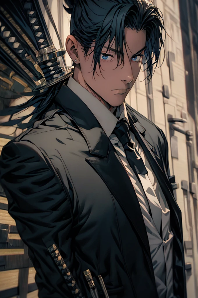 masutepiece, Best Quality, High quality, 1boy, Solo, Male Focus, 1man, 1male, Upper body, hayakawa_aki, topknot,White collared shirt, Black tie, Black pants, Formal, masutepiece, Best Quality, High quality, 1boy, Solo, Male Focus, Looking at Viewer,