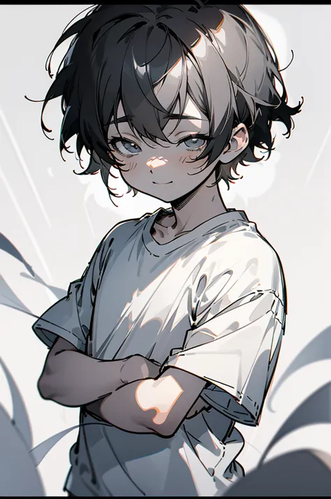 small boy,black short hair,sketch style,anime style,lineart,monochrome,black and white,light smile,blank eyes,empty eyes,T-shirt...