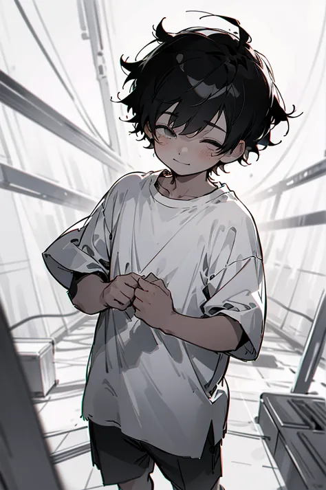 small boy,black short hair,sketch style,anime style,lineart,monochrome,black and white,light smile,blank eyes,empty eyes,T-shirt...