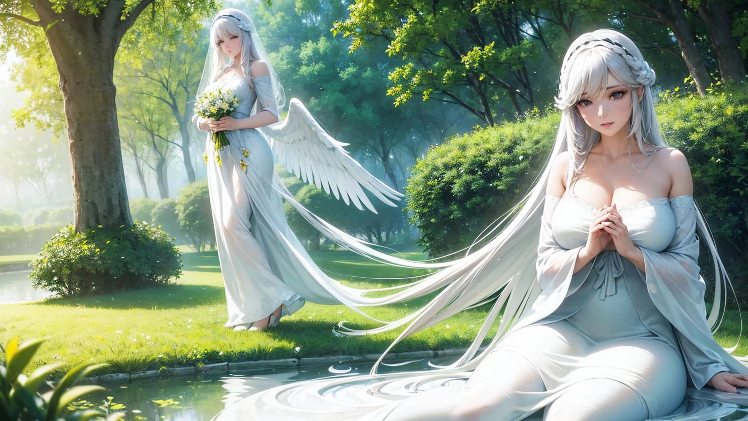 a 29 years old beautiful angel mother with long white hair, european face, beautifull white angelic wings, praying,white clothes, white doves, doves in the background, serene and peaceful expression, ethereal and heavenly, 4k, high quality, intricate details, photorealistic, dramatic lighting, vibrant colors, beautifull scenerie, beautifull light, a peaceful garden, lush greenery, blooming flowers, serene atmosphere, warm sunlight, calming pond, tranquil landscape, beautiful scenery, natural environment, idyllic setting, (best quality,4k,8k,highres,masterpiece:1.2),ultra-detailed,(realistic,photorealistic,photo-realistic:1.37),landscape,vibrant colors,soft lighting,natural lighting, fully clothed