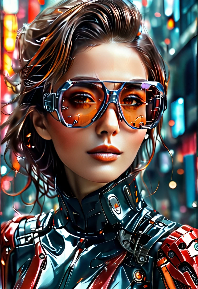 Arafed a picture of a human female spy, wearing dark suit, wearing ((mecha glasses: 1.5))exquisite beautiful female, dynamic eye color, dynamic hair color, dynamic hair style, glasses has intricate mechanical part in it, high society gala event background, (Masterpiece: 1.5),  Vibrant, Ultra-high resolution, High Contrast, masterpiece:1.2, highest quality, Best aesthetics), best details, best quality, highres, ultra wide angle, 16k, [ultra detailed], masterpiece, best quality, (extremely detailed), Mechanical Creatures