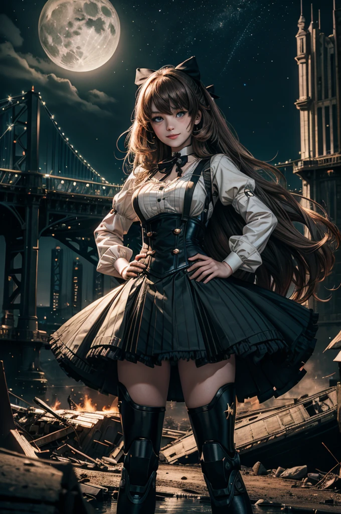  smile, hands on hips,  underbust, Penny Polendina, long hair, neck ribbon, suspender skirt, corset, black bow, white blouse, mechanical legs, neon trim, outdoors, dynamic pose, night, stars, moon, standing with crowd on old suspension bridge, river, wrecked vehicle, post-apocalypse, dystopian future, crowd, (crowd in military uniforms), bonfires, 
