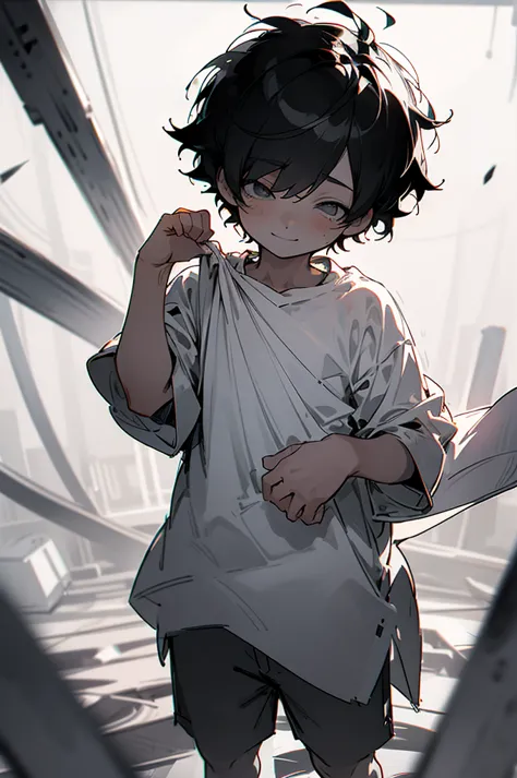 small boy,black short hair,sketch style,anime style,lineart,monochrome,black and white,light smile,blank eyes,empty eyes,T-shirt...