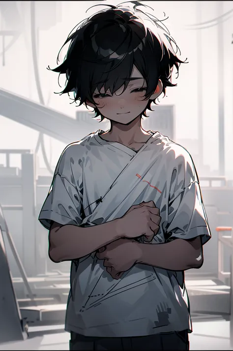 small boy,black short hair,sketch style,anime style,lineart,monochrome,black and white,light smile,blank eyes,empty eyes,T-shirt...