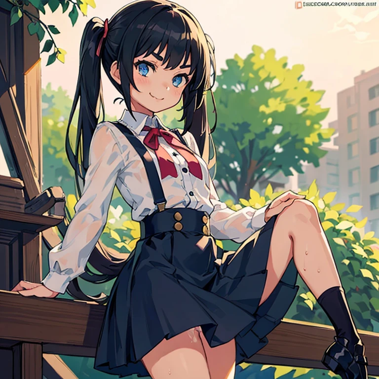 Young girl with black hair, long twintail,  twintail hairstyle, (blue eyes),, ((small bushy eyebrows)), wearing gothic lolita clothing, lolicon , walking to school, flirty smile, ,sitting with open legs, lifting her skirt to show her vagina wet with semen