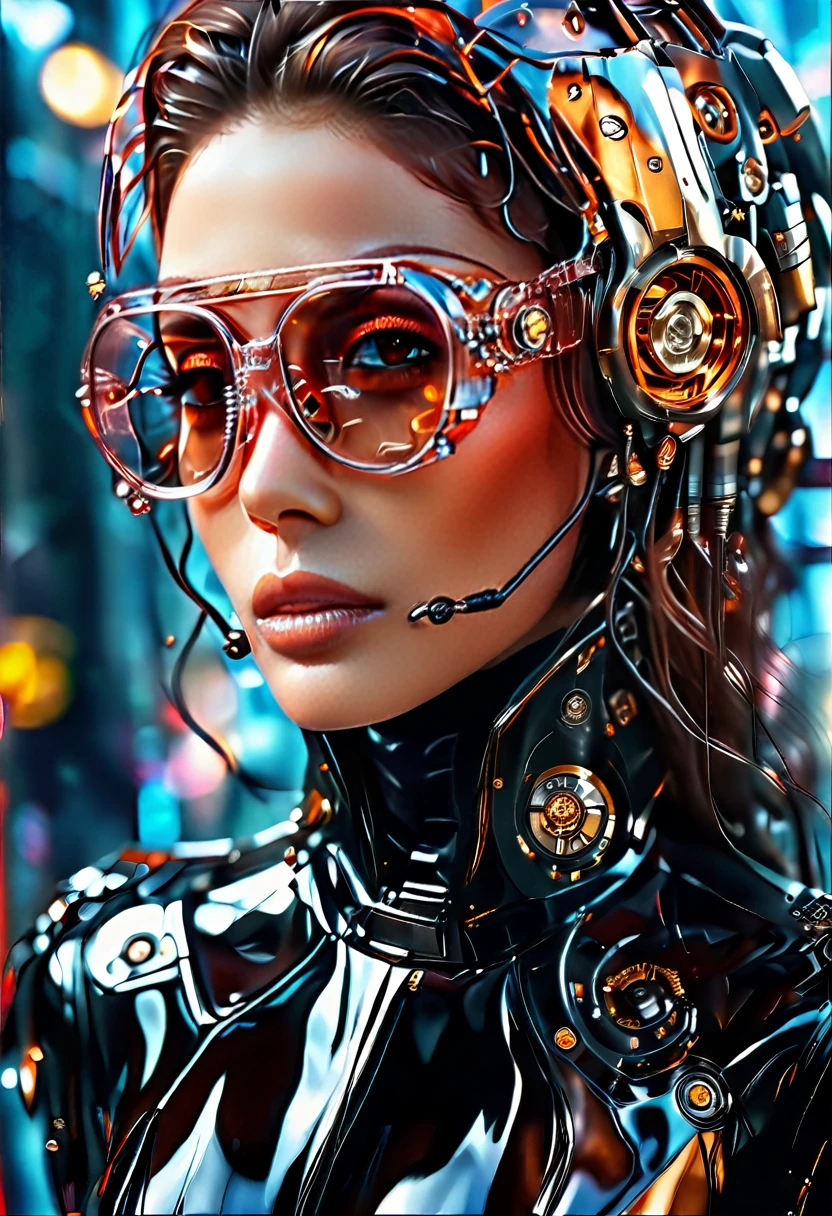 Arafed a picture of a human female spy, wearing dark suit, wearing ((mecha glasses: 1.5))exquisite beautiful female, dynamic eye color, dynamic hair color, dynamic hair style, glasses has intricate mechanical part in it, high society gala event background, (Masterpiece: 1.5),  Vibrant, Ultra-high resolution, High Contrast, masterpiece:1.2, highest quality, Best aesthetics), best details, best quality, highres, ultra wide angle, 16k, [ultra detailed], masterpiece, best quality, (extremely detailed), Mechanical Creatures