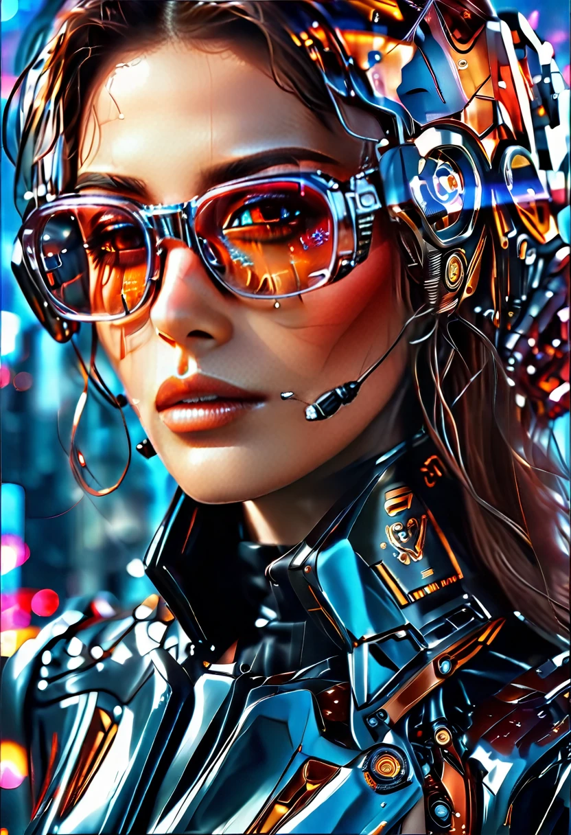 Arafed a picture of a human female spy, wearing dark suit, wearing ((mecha glasses: 1.5))exquisite beautiful female, dynamic eye color, dynamic hair color, dynamic hair style, glasses has intricate mechanical part in it, high society gala event background, (Masterpiece: 1.5),  Vibrant, Ultra-high resolution, High Contrast, masterpiece:1.2, highest quality, Best aesthetics), best details, best quality, highres, ultra wide angle, 16k, [ultra detailed], masterpiece, best quality, (extremely detailed), Mechanical Creatures