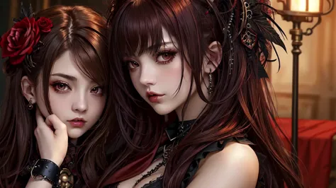 maximum quality、8k、masterpiece artwork：16.9、gothic punk、red internal color、a brunette、hair ornaments、a beautiful girl、creative、d...